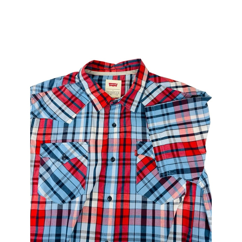 Levi's Shirt Mens Sz Large Red Plaid Button Up Short Sleeve Casual Standard Fit